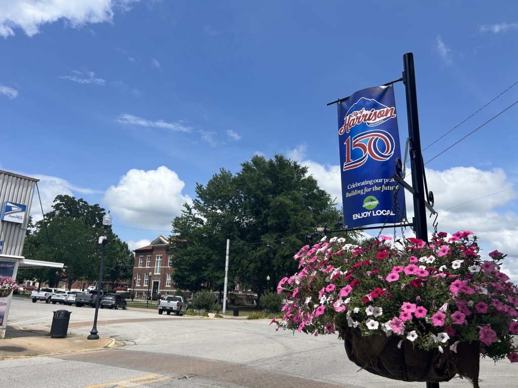 Flower basket and downtown banner near the Harrison courthouse square