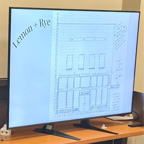 Concept sketch for the future Lemon & Rye restaurant building presented at a Harrison Historic Business Association meeting.