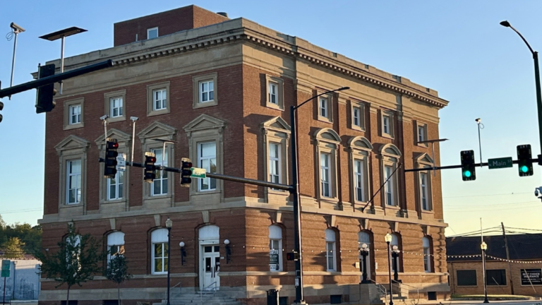 Historic Federal Building at the corner of North Main and Rush Avenue in downtown Harrison, Arkansas, photographed in 2026.